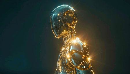 3d rendering of a female robot with glowing particles in the backgroundの素材