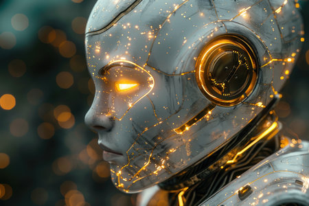 close up of robot face with glowing lights background. 3d renderingの素材
