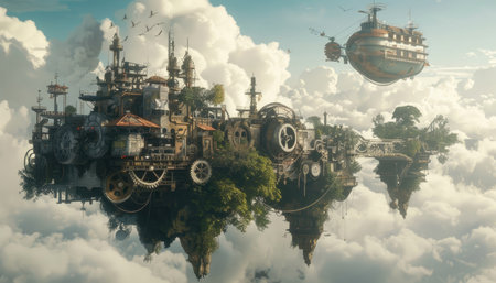 3d illustration of a fantasy world with an old steam locomotiveの素材