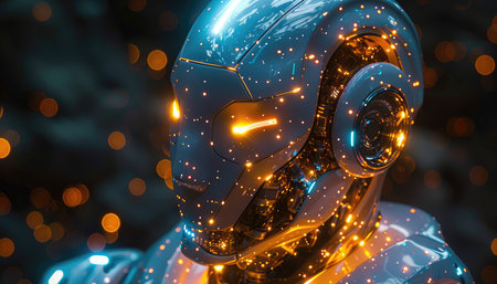 3d rendering humanoid robot in the dark with bokeh backgroundの素材