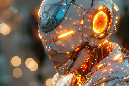 Close-up of robot face with glowing lights. Futuristic conceptの素材