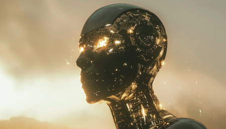 3d rendering of a female cyborg head with glowing lights insideの素材