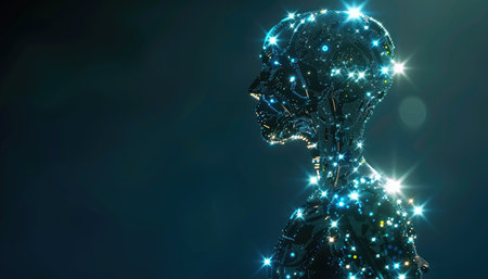 3D Illustration of a cyber woman in futuristic style with blue lightsの素材