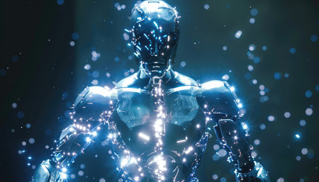 Cyborg cyber man with glowing light on black background 3D renderingの素材