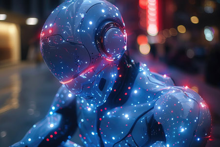 3d rendering artificial intelligence robot with glowing lights in the city at nightの素材