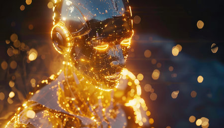 Futuristic cyborg with glowing lights on dark background 3D renderingの素材