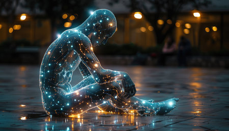 3d rendering. Futuristic woman sitting on the floor in the city at nightの素材