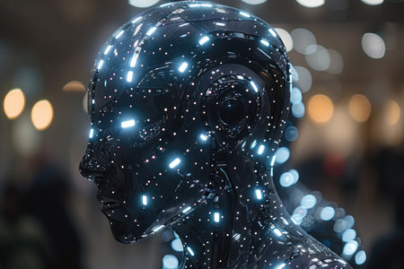 Artificial intelligence robot head in the museum. Future technology concept.の素材