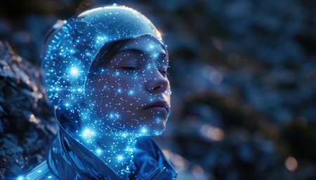 Astronaut in space helmet and stars in her head. 3D renderingの素材