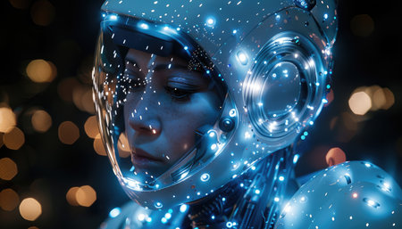 Portrait of a female astronaut in a spacesuit. 3D rendering.の素材