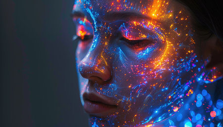 Futuristic portrait of a beautiful woman with neon make-up.の素材
