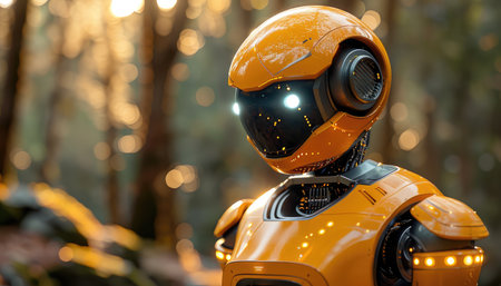 A closeup shot of a yellow robot in the forestの素材