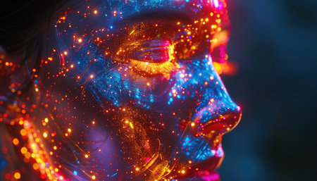 Fantasy portrait of a beautiful girl with red and blue make-up.の素材