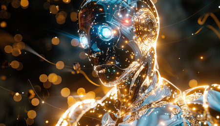 3D rendering of a female robot with glowing lights in the backgroundの素材