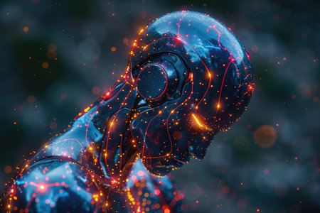 Cyborg with glowing brain. Artificial intelligence concept. 3D Renderingの素材