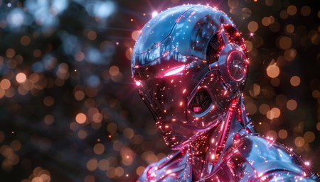 Cyborg man in futuristic cyber space suit with glowing neon lights.の素材