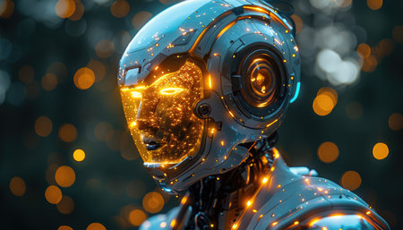 3D rendering of a female robot with futuristic lights on background.の素材