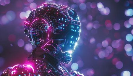 3d rendering cyborg woman cyborg with glowing lights on backgroundの素材