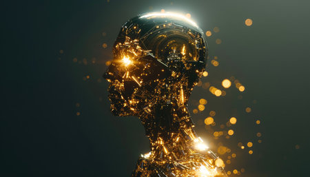 3d rendering of robot head with glowing particles on dark background.の素材