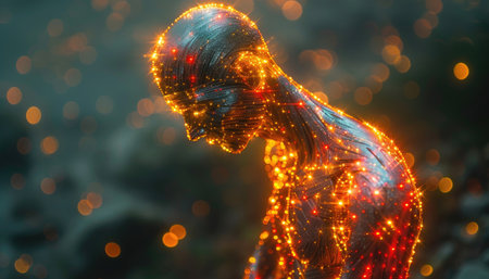 3d rendering of a futuristic female figure with glowing lines and particlesの素材