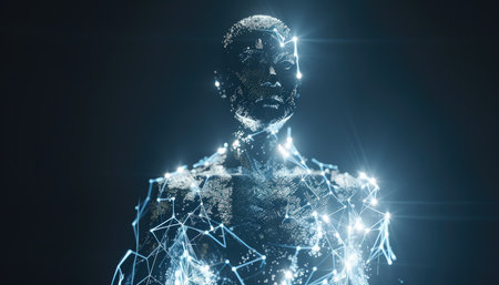 3D rendering of male cyborg or robot on dark background with connection linesの素材