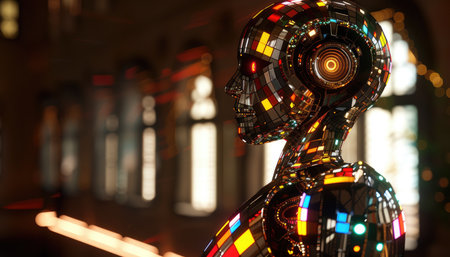 3d illustration of a robot in a dark room with colorful lightsの素材