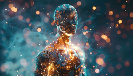 Cyborg man with glowing brain. Artificial intelligence and machine learning. 3D renderingの素材