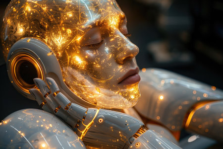3d rendering of a female robot with glowing lights on her faceの素材