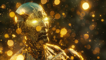 Cyborg with golden armor and glowing golden lights. 3D renderingの素材