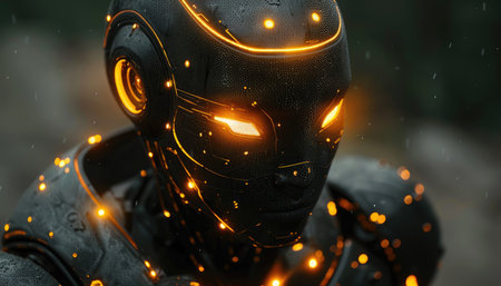 Futuristic robot with glowing lights on his face. 3d renderingの素材