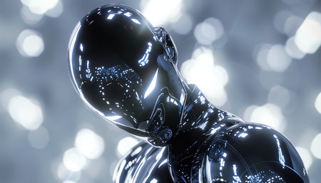3d rendering of a female robot with abstract lights on the backgroundの素材