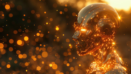 3D rendering of a female robot with glowing lights in the backgroundの素材