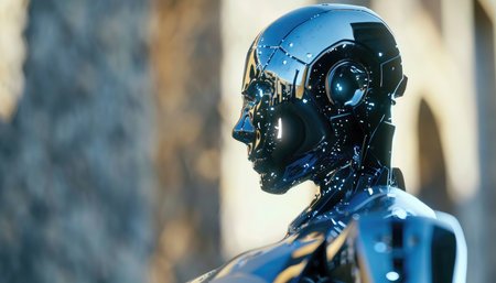 3d rendering humanoid robot in front of a building in the cityの素材