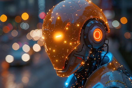 3d rendering robot head in the city with bokeh backgroundの素材