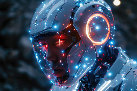 3d rendering of a female cyborg with glowing lights on her faceの素材