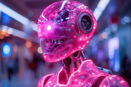 closeup of a female robot in a futuristic room with neon lightsの素材