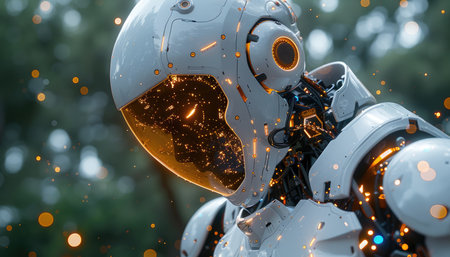 Close-up of the robot's head with sparks. Futuristic technology concept.の素材