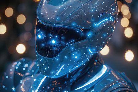 3D rendering of a female robot with glowing lights in the backgroundの素材
