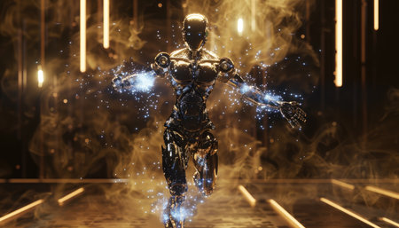 Cyborg with fire and smoke on the background of the stage. 3d rendering.の素材