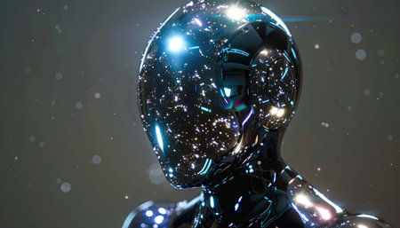 3d rendering of a female robot on a dark background with lightsの素材