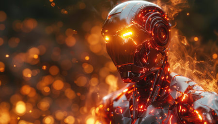 3d rendering humanoid robot with red glowing lights in the dark backgroundの素材