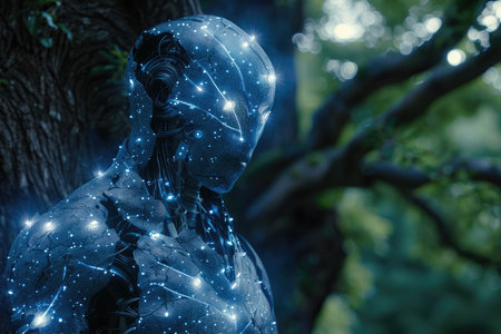 3d rendering of a female robot in the forest with glowing lightsの素材