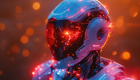 3d rendering humanoid robot with red light bokeh background.の素材