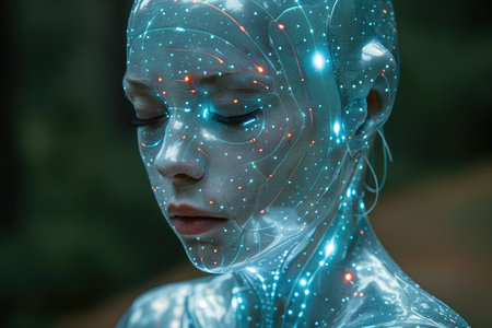 3D rendering of a female robot with glowing lights on her faceの素材