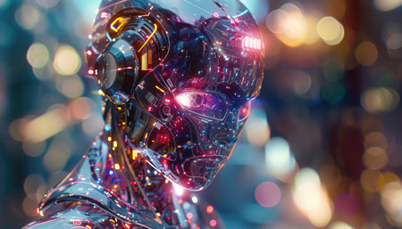 Cyborg mannequin cyborg head with glowing background 3D renderingの素材