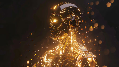 3d rendering of a female robot with a glowing golden metallic bodyの素材