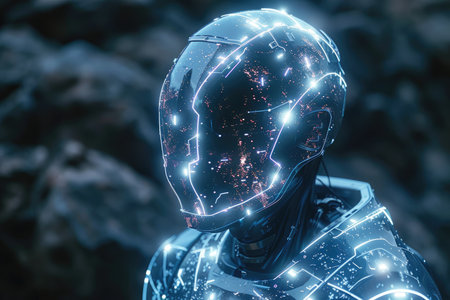 Cyborg woman with glowing planet hologram. 3D Renderingの素材