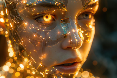 Close up portrait of a futuristic female robot with glowing lights on her face.の素材