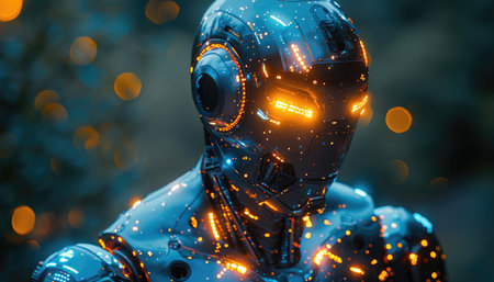 Close up view of a futuristic robot with glowing lights in the background.の素材