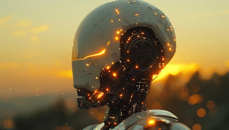 3d rendering humanoid robot with glowing light on the head at sunsetの素材